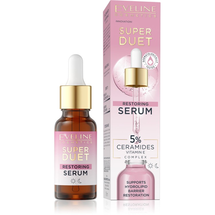 Eveline Super Duet Restoring Regenerating Serum 5% Ceramides Vitamin E Complex for Dehydrated and Dry Skin Day and Night 18ml Eveline Super Duet Restoring Regenerating Serum 5% Ceramides Vitamin E Complex for Dehydrated and Dry Skin Day and Night 18ml
