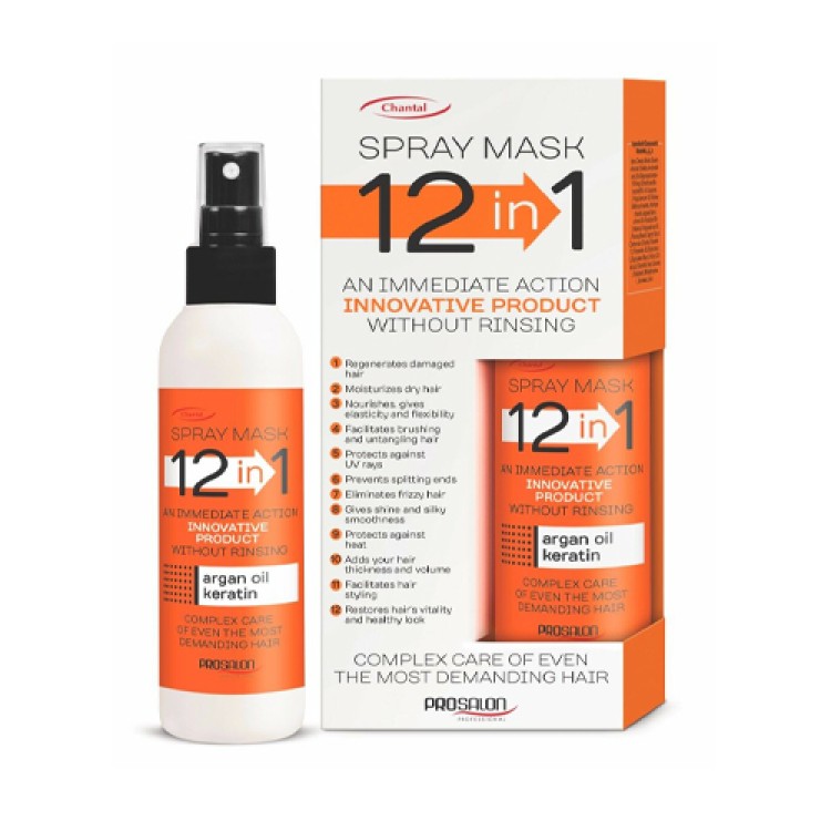 Prosalon Professional 12 in 1 Hair Mask Conditioner in Spray - Without Rinsing - Keratin and Argan Oil - Regenerates Damaged and Dry Hair 150 g