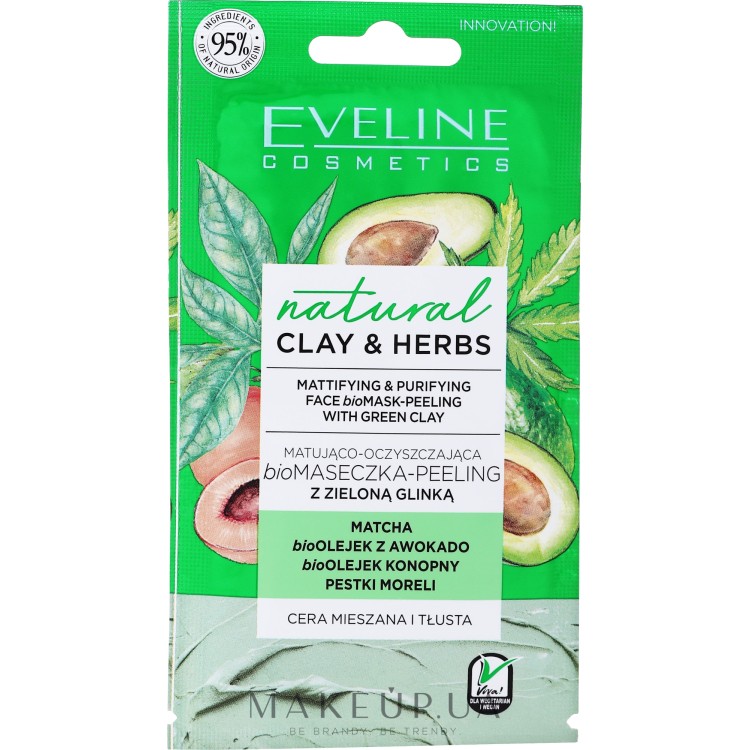 EVELINE NATURAL CLAY & HERBS Mattifying and cleansing biomask peeling with green clay 8ML