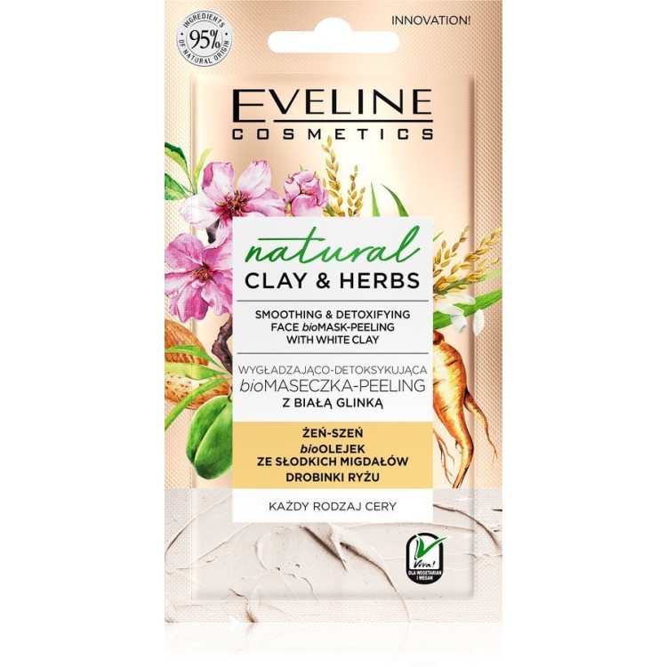 EVELINE NATURAL CLAY & HERBS Smoothing and detoxifying biomass peeling with white clay 8ML