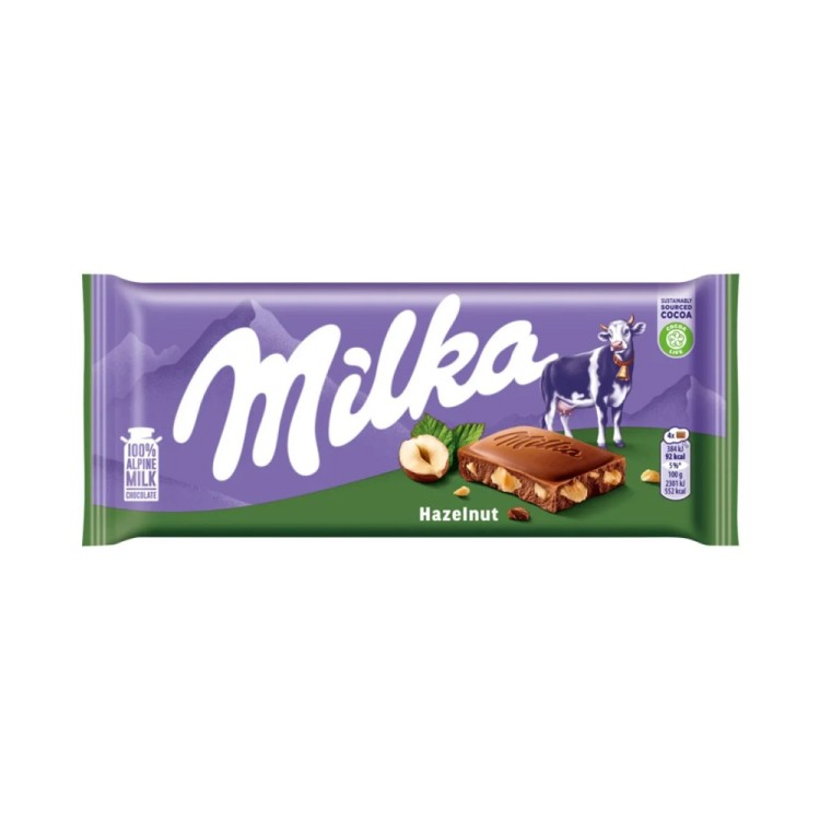 MILKA ALPINE MILK CHOCOLATE WITH HAZELNUT PIECES 100g
