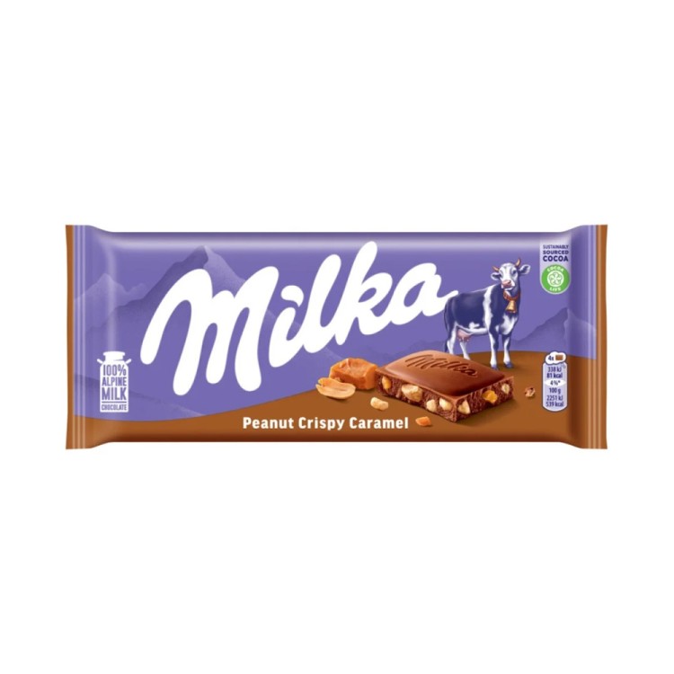 MILKA CHOCOLATE WITH PEANUTS, CARAMEL PIECES AND CEREAL CRUNCHES 90G
