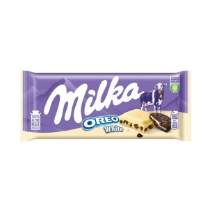 MILKA OREO WHITE CHOCOLATE WITH A VANILLA FLAVOUR FILLING AND COCOA BISCUIT PIECES 100g MILKA OREO WHITE CHOCOLATE WITH A VANILLA FLAVOUR FILLING AND COCOA BISCUIT PIECES 100g