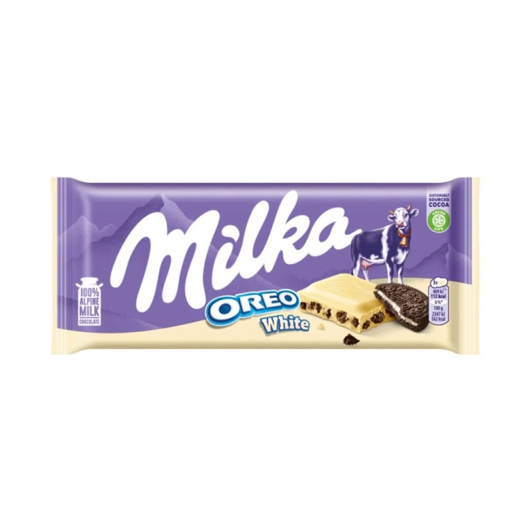 MILKA OREO WHITE CHOCOLATE WITH A VANILLA FLAVOUR FILLING AND COCOA BISCUIT PIECES 100g