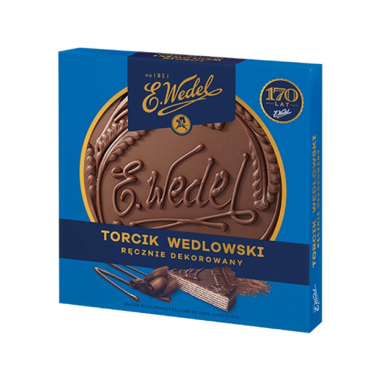 WEDEL WAFER WITH PEANUT FILLING IN DARK CHOCOLATE WITH WHITE CHOCOLATE DECORATION 250g