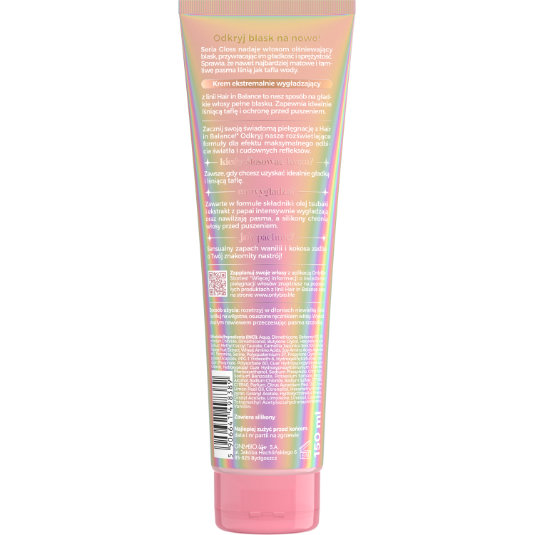 ONLYBIO HAIR IN BALANCE GLOSS Extreme smoothing hair cream 150ml ONLYBIO HAIR IN BALANCE GLOSS Extreme smoothing hair cream 150ml