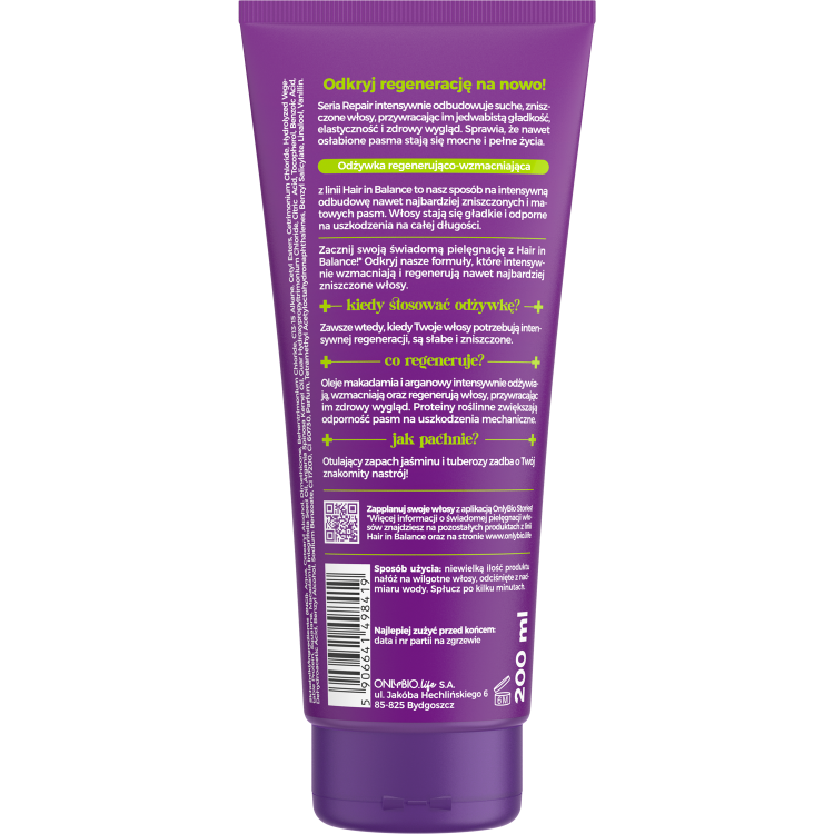 ONLYBIO HAIR IN BALANCE REPAIR Regenerating & strengthening conditioner 200ml ONLYBIO HAIR IN BALANCE REPAIR Regenerating & strengthening conditioner 200ml